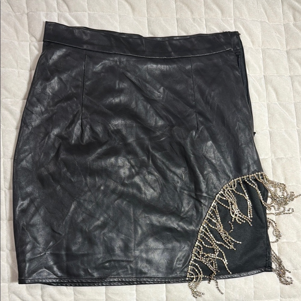 Black Faux Leather Mini Skirt with Beaded Fringe